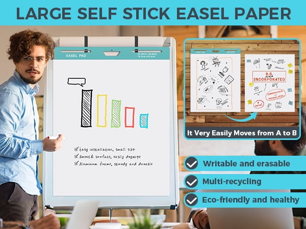 Sticky Easel Pad, 25 x 30 Inch, White, 30 Sheets/Pad, 6 Pads/Pack, Flip Chart Paper for Teachers,Large Self-Stick Easel Paper, Super Sticking Power & Bleed-Resistant