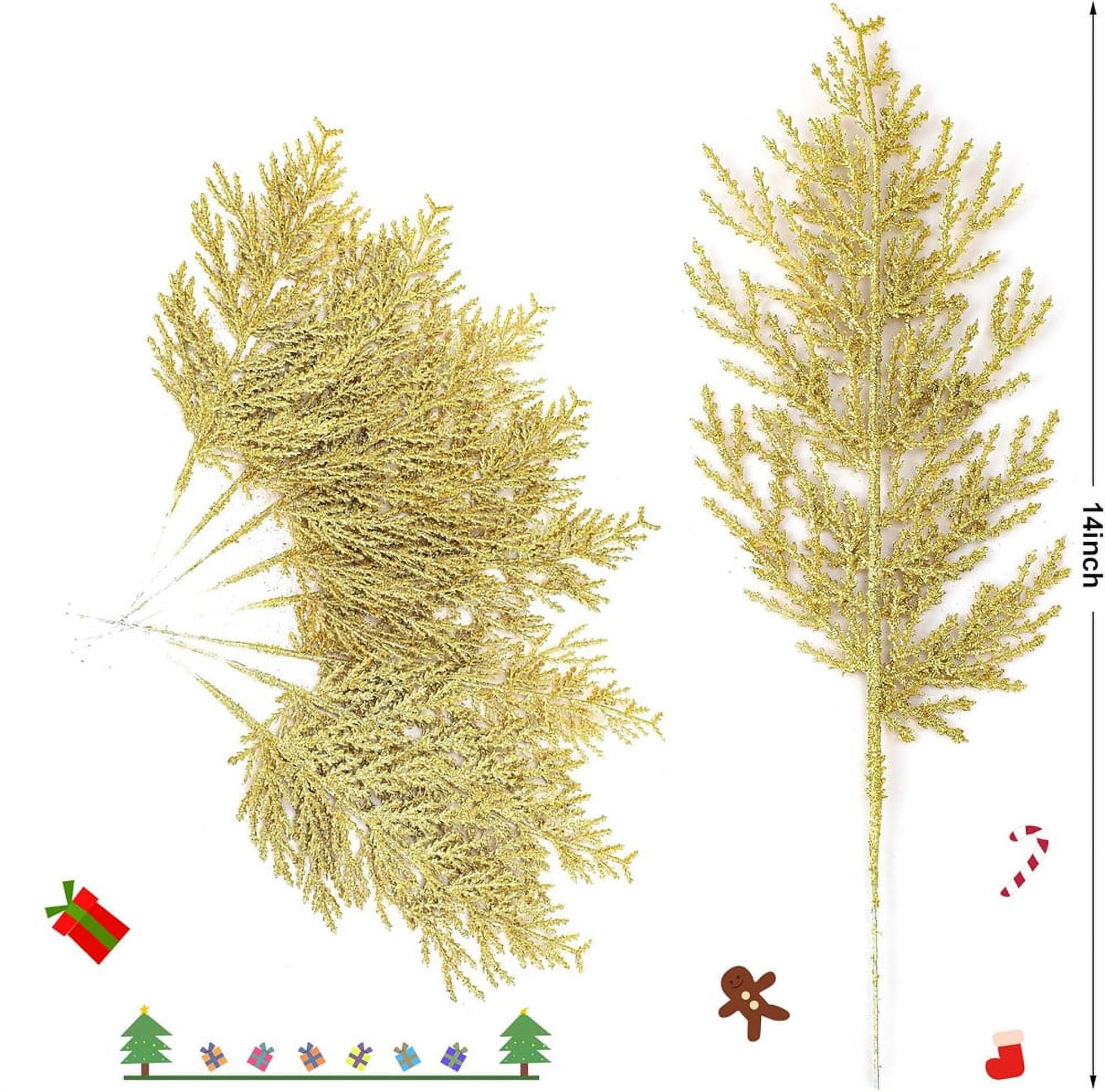 NOGIS 24 Pcs Christmas Gold Artificial Pine Branches- 14" Glitter Fake Foliage Pine Stems Picks- Silver Leaves Artificial Pine Needles for DIY Christmas Wreath Home Decoration