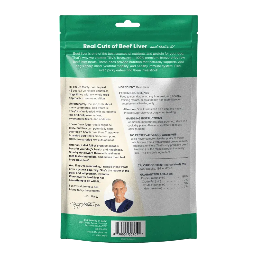 Dr. Marty Tilly's Treasures 100% Freeze-Dried Raw Beef Liver Dog Treats, Single-Ingredient, Grain-Free, Immune Support, 8 oz