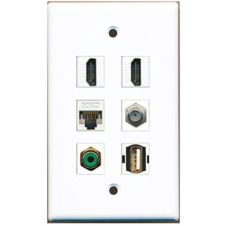 RiteAV - 2 HDMI 1 Port RCA Green 1 Port Coax Cable TV- F-Type 1 Port USB A-A 1 Port Cat5e Ethernet White Wall Plate