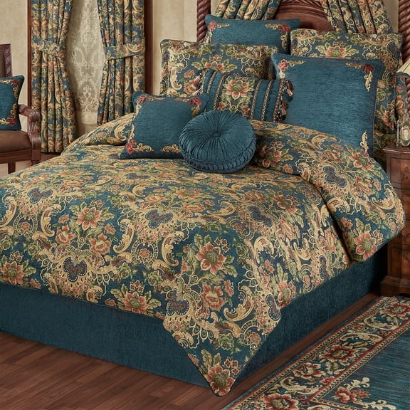 Luxury Casanova Woven Jacobean Floral Bedding, 4-Pc Dark Teal Queen Comforter Set