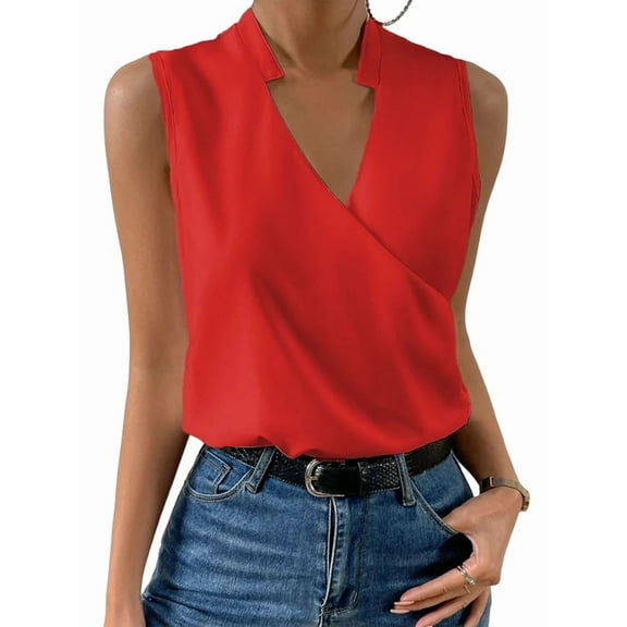 Womens Pleated Tank Tops V Neck Casual Sleeveless Blouses Summer Basic Vest Shirt Red XXL