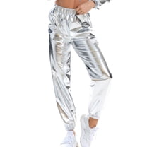 SWSMCLT Women's Casual Metallic Pants Shiny Hot Dance Casual Pants Long Trousers Halloween Stretch Elastic Waist Silver Large
