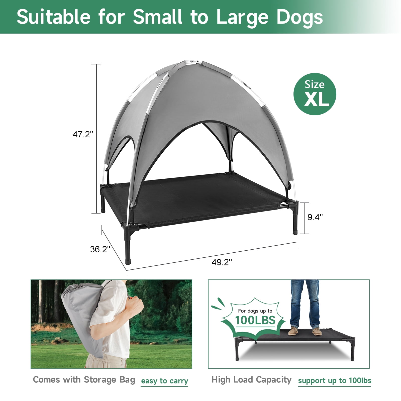 Elevated Dog Bed for Dogs, Outdoor Cooling Raised Pet Cot with Removable Canopy Portable Dog Shade Tent for Indoor & Outdoor Use, Grey