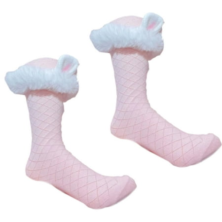 

SIEYIO Women Lolita Plush Rabbit Ears Calf Socks Sweet Kawaii Fluffy Faux Fur Trim Diamond Plaid Jacqaurd Winter Tube Stockings