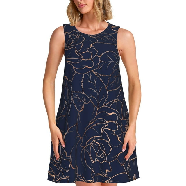 Fotbe Navy Dark Blue Vestido de Verano sin Mangas para Mujer – Vestido Midi Línea A, Estilo Camiseta Floral, Vestido Playero Casual y Fluido