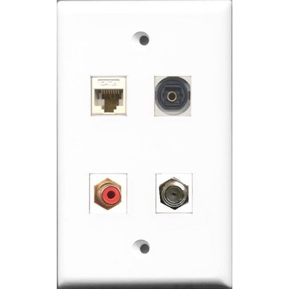 RiteAV 1 Port RCA Red and 1 Port Coax Cable TV- F-Type and 1 Port Toslink and 1 Port Cat6 Ethernet White Wall Plate
