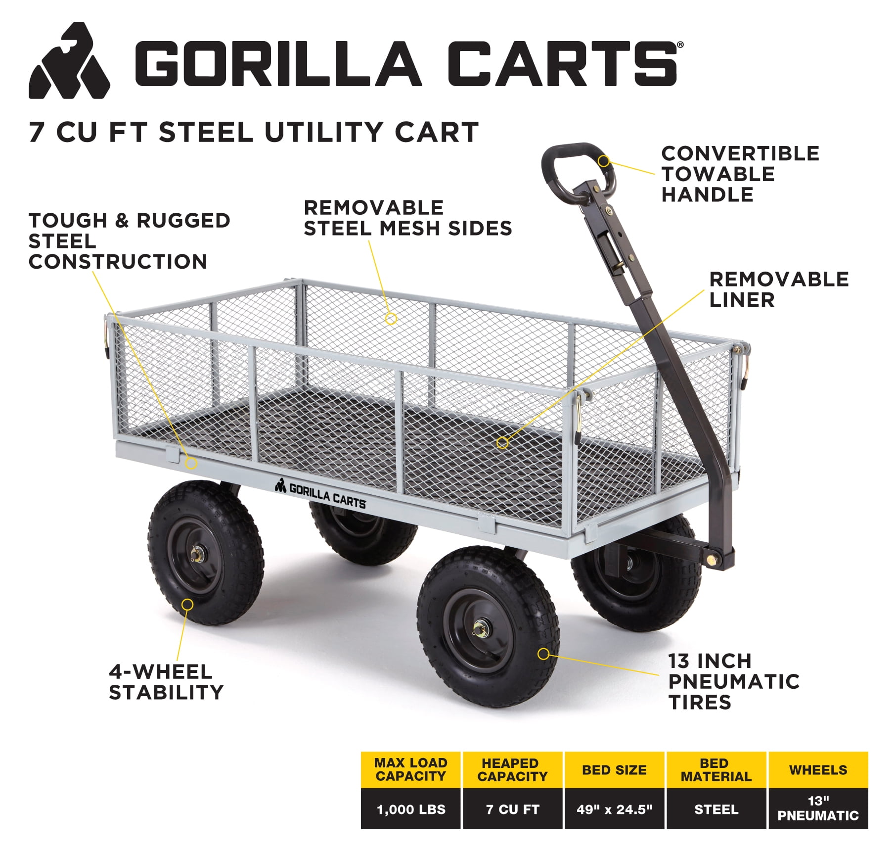 Gorilla Carts GOR1001-COM 1000-lb. Steel Utility Cart with 13