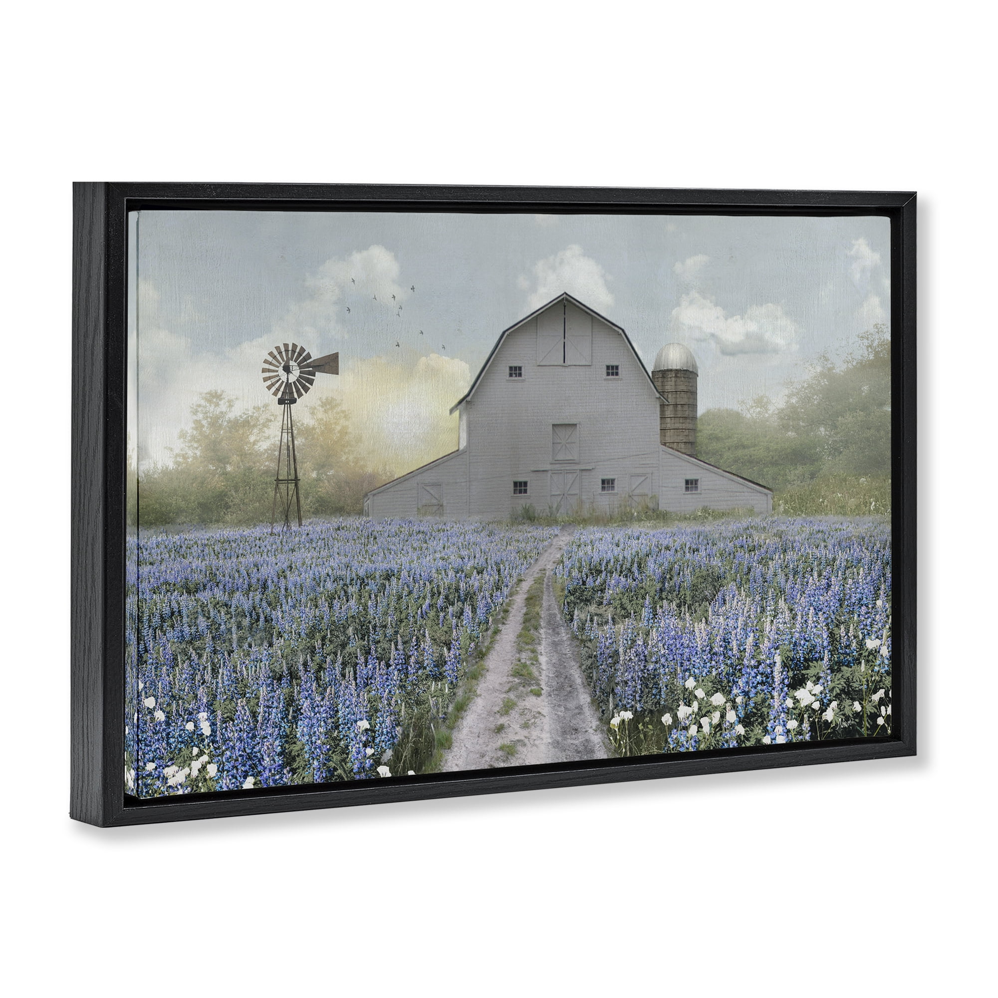 Stupell Industries Meadow of Blue Flowers & Barn Black Framed Floater Canvas Wall Art, design by Nan