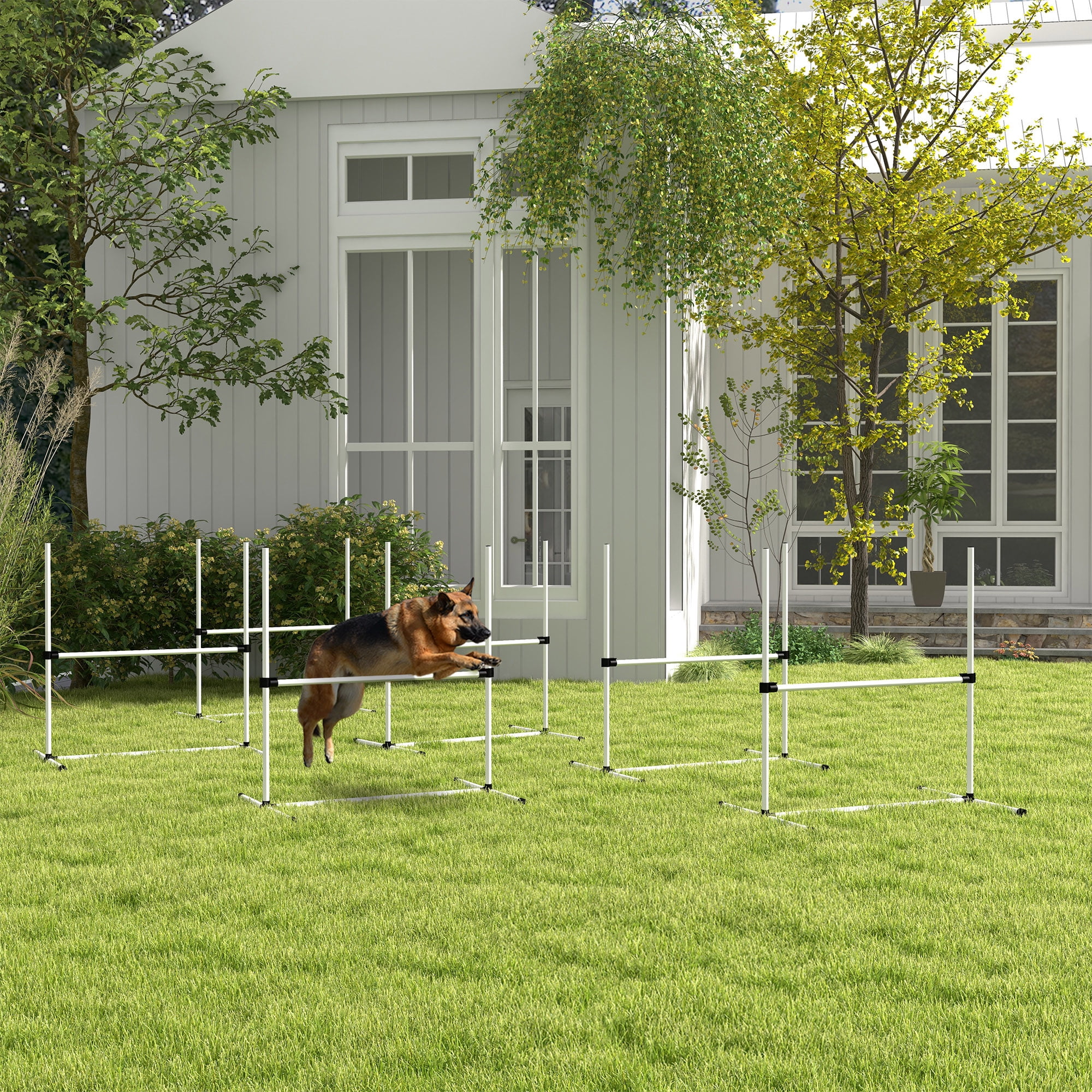 6 Piece Dog Agility Training Equipment for Dog Agility Course with Adjustable Height Jump Bars, Included Carry Bag, & Displacing Top Bar, White