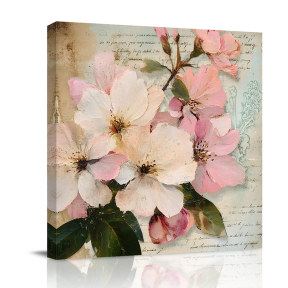 Canvas Wall Art, Pink Spring Floral Framed Canvas Prints for Bathroom Kitchen, Vintage Flowers Retro Botanical Gallery Wrapped Wall Decor for Home Office, Gifts, 10"x10" Ship Next Day