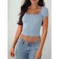 thumbnail image 3 of Women Y2k Summer Slim Fit Crop Tops Lace Trim Short Sleeve Square Neck Show Navel Ribbed T-Shirt, 3 of 5