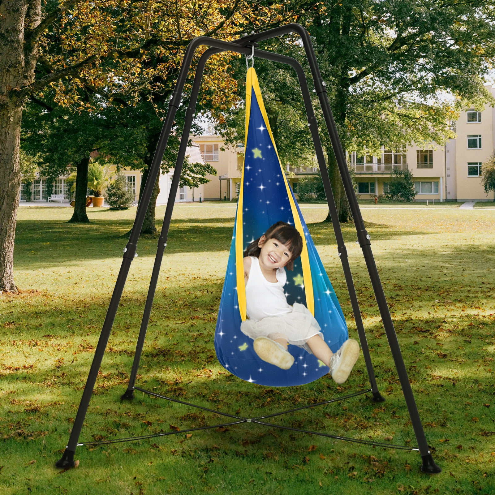 G TALECO GEAR Sensory Swing with Stand and Pod Swing, X-Shaped Swing Set for Backyard, Metal Hammock Chair Stand for Kids &Adults, Sensory Chair Indoor and Outdoor 330LBS, Starry Sky Print Blue