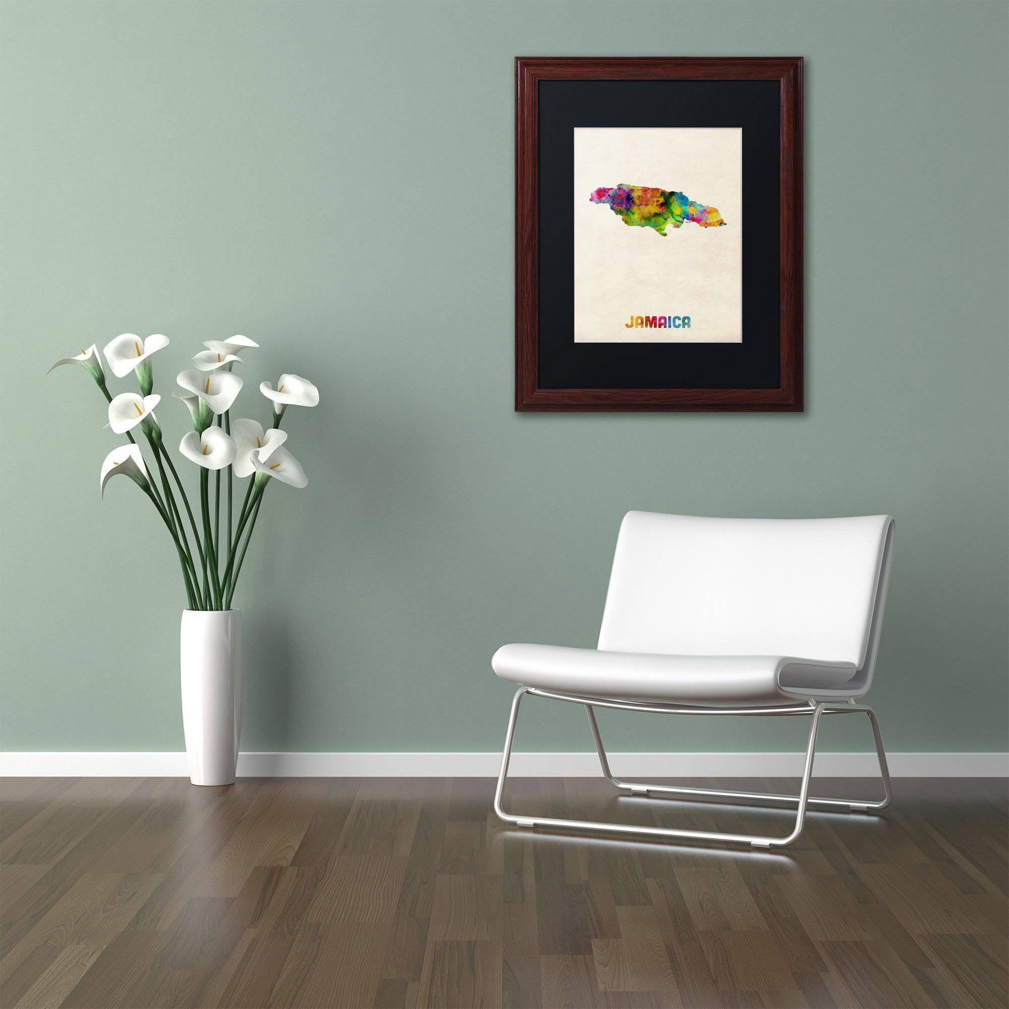 Trademark Fine Art "Jamaica Watercolor Map" Canvas Art by Michael Tompsett Black Matte, Wood Frame