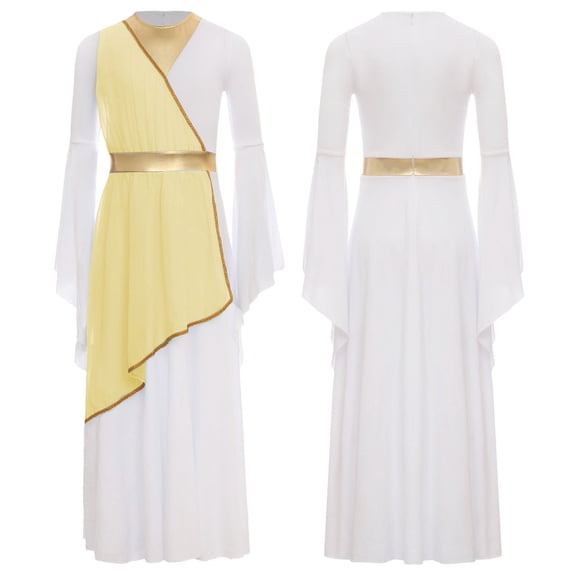 iiniim Girls Long Sleeve Liturgical Praise Gown Color Block Lyrical Dance Dress Festivals Yellow 8