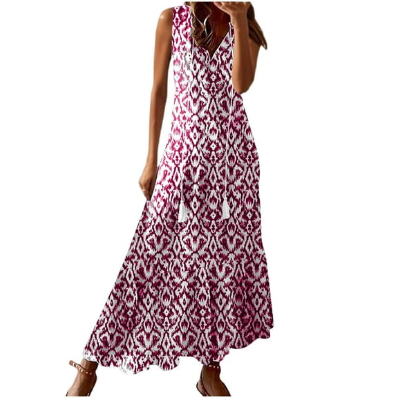 Womens Maxi Dress 2025 Sleeveless Summer Dresses V Neck Casual Tiered Sundresses Floral Printed Sun-Dress Business Casual Dress Bussiness Work Office Dresses with Pockets