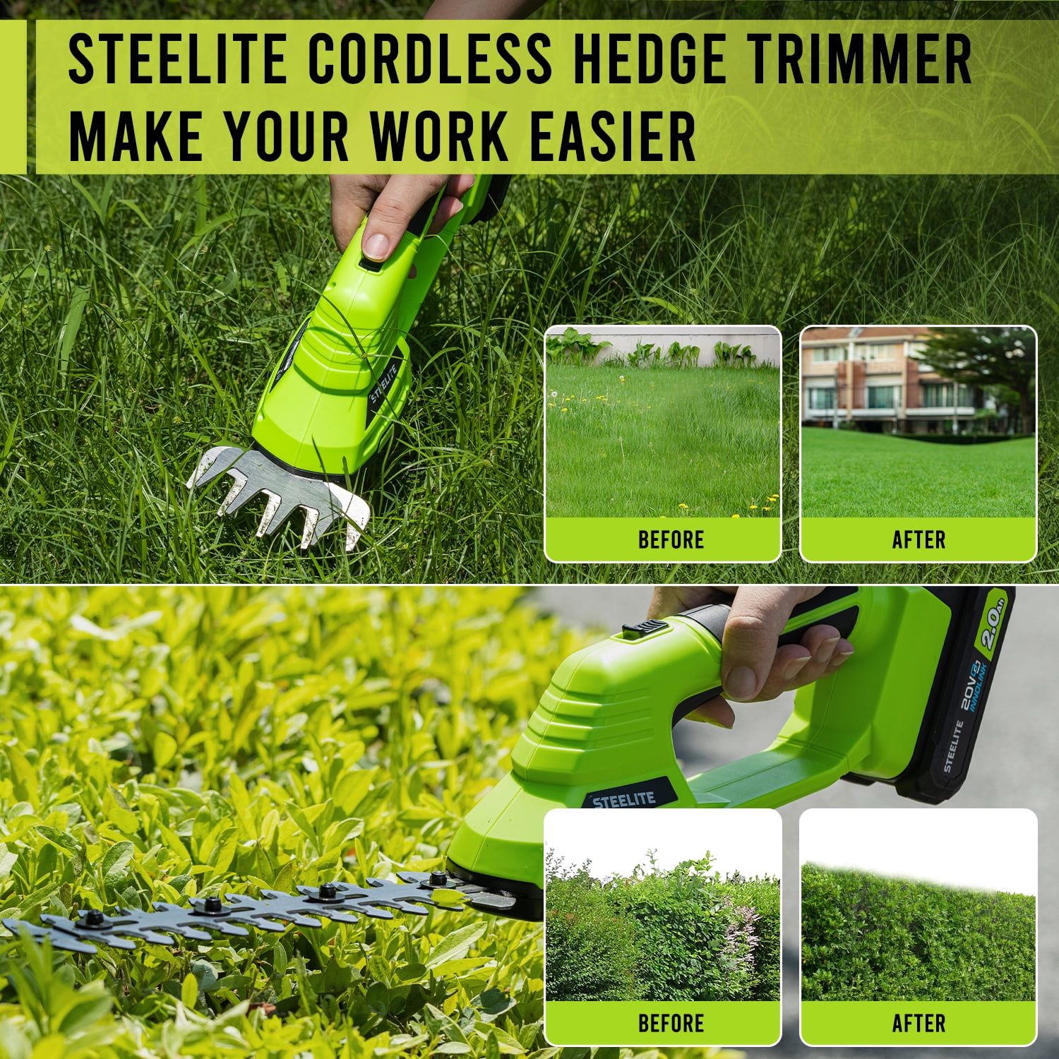 Steelite 21V Cordless Hedge Trimmer- 2 in 1 Electric Handheld Grass Shear & Shrub Trimmer Kit, Hedge Shear with 2.0Ah Lithium-Ion Battery for Garden and Lawn Maintenance