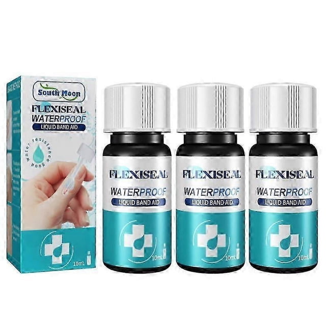 gel cicatrizante para heridas, transpirable e impermeable, vendaje líquido, 3 piezas — tres frascos de 10 ml con etiqueta azul verdosa y tapa plateada en vista frontal junto a la caja con imagen de aplicación; forma una película protectora transparente que cubre y aísla cualquier herida en la piel y permite observar la lesión.