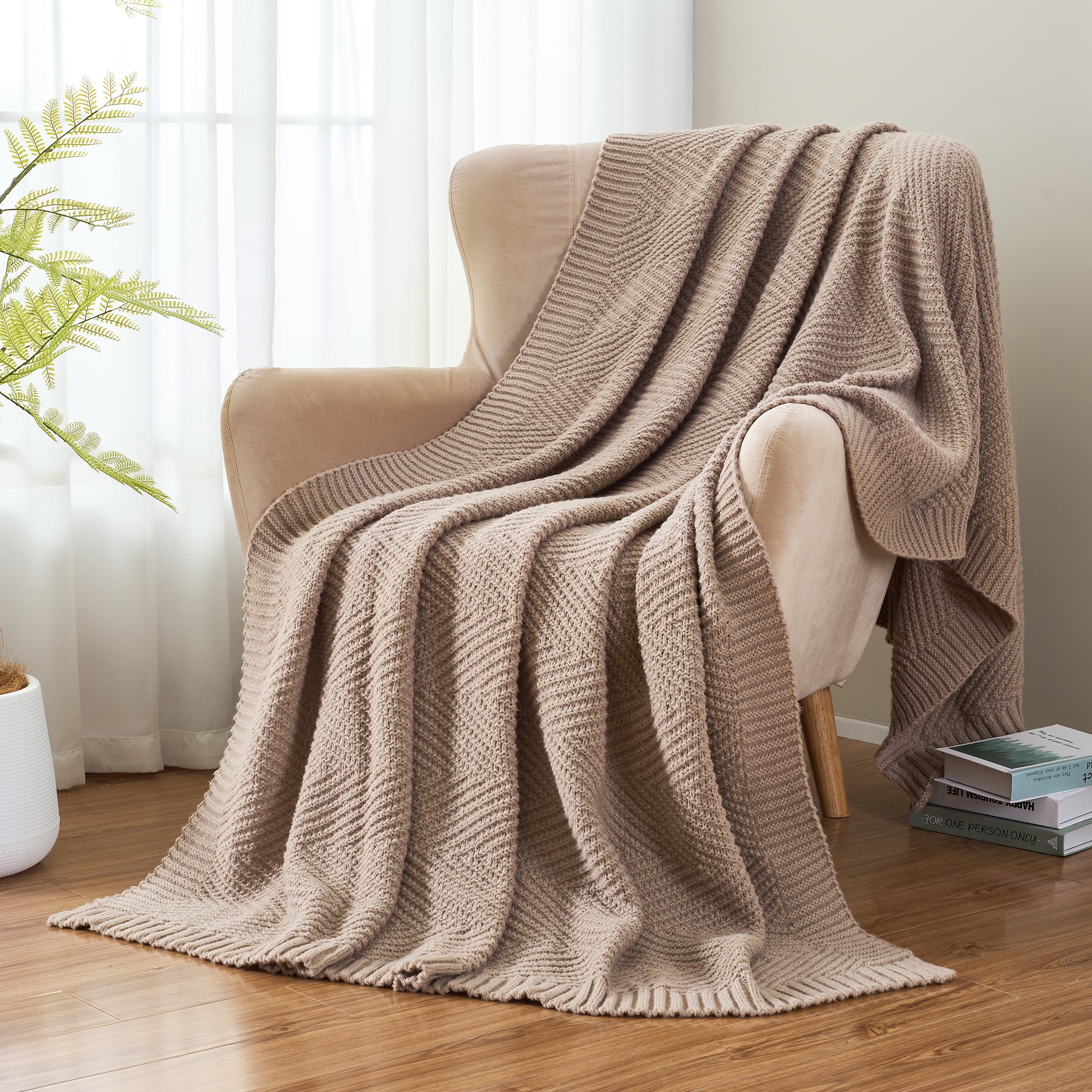 LONG CREATE Soft Knitted Throw Blanket 50" x 60" Taupe, Boho Chevron Farmhouse Throw for Bed Couch
