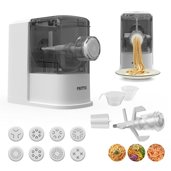 Electric Pasta Machine, Automatic Pasta Maker Machine Electric with 8 Discs for Spaghetti & Fettucine and More, Easy-to-Clean Noodle Maker with Measuring Cup, Cleaning Scraper and Flour Cup, White