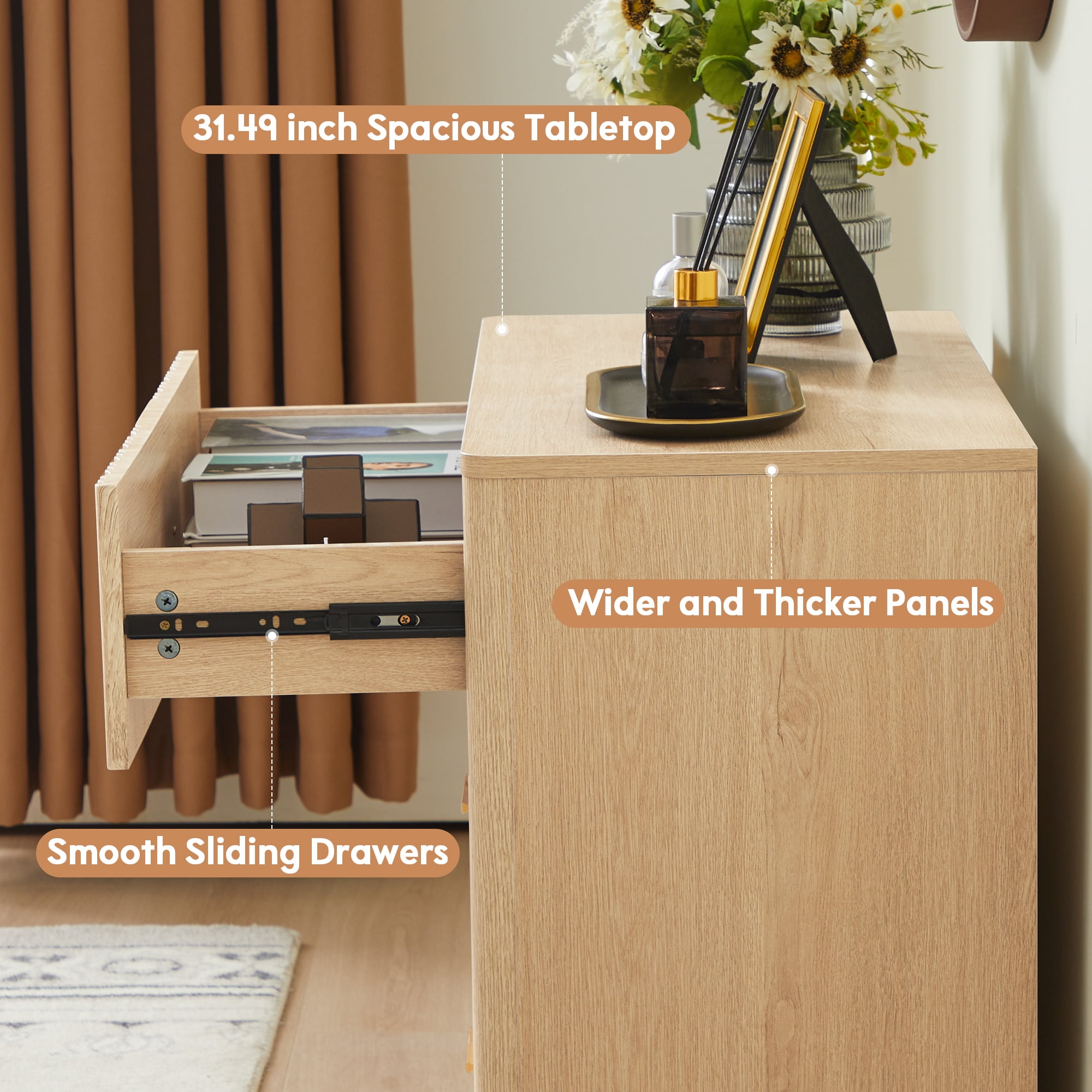 Weselon 3-Drawer Farmhouse Dresser with Waveform, Fully Assembled Nightstand Wooden Finish for Boho, Mid-century, Rustic Style,Oak
