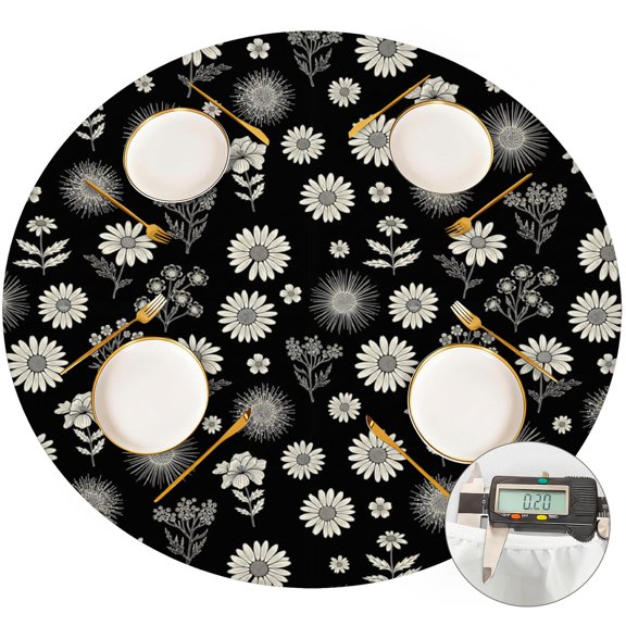 Pioneer Flower Floral Print Pattern Round Fitted Tablecloth with Elastic Edge, Waterproof Dining Table Cover for Indoor Outdoor Camping and Daily Use