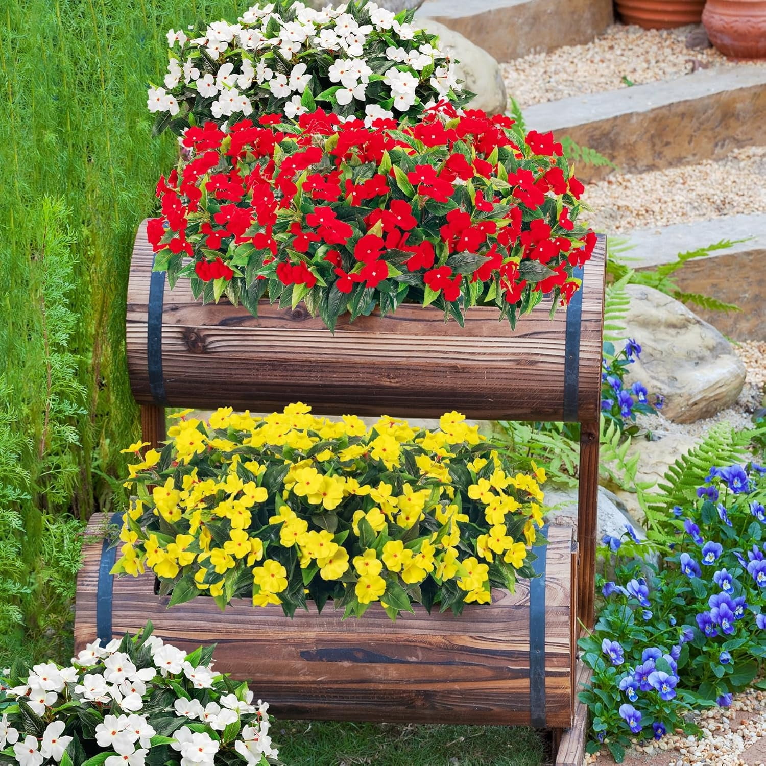 Fake Plants Fake Flowers Spring Decorations for Home Silk Impatiens Bouquet Flowers Artificial Flowers Impatiens Plants Fake Impatiens for Indoor Outdoor Balcony Decorations,4 Pcs Yellow