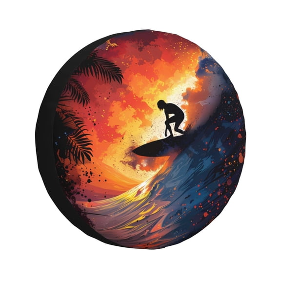 Fuzoiu Sunset Surfing Silhouette Print Universal Spare Tire Cover with Buckle Strap, Waterproof Wheel Covers for Jeep, Trailer, RV, Truck and All Car-14 inch
