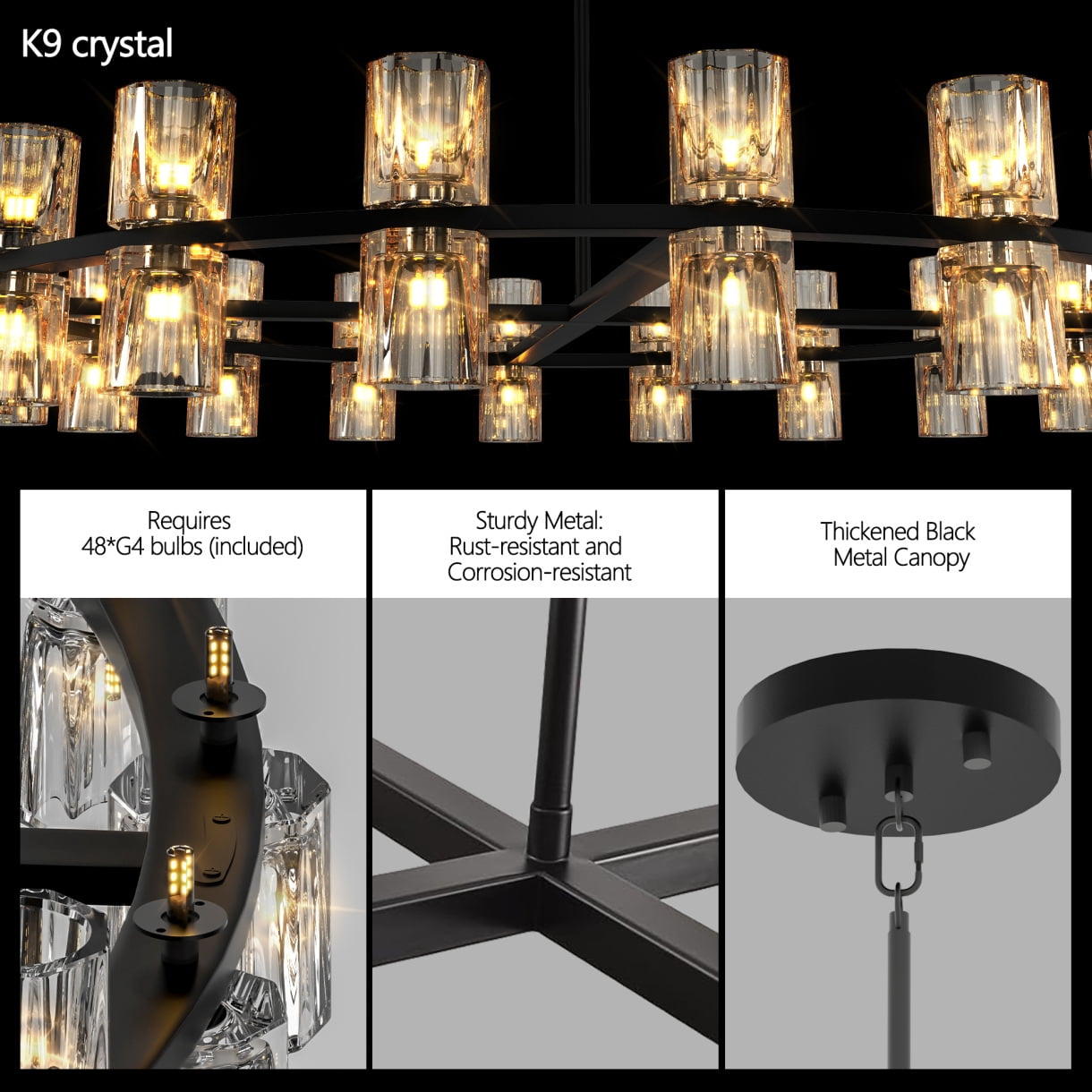 48-Inch Luxury Crystal Chandelier with Dual Ring LED Lighting for Living Room & Dining Room Decor Energy Efficient Included Bulbs Easy Installation Black