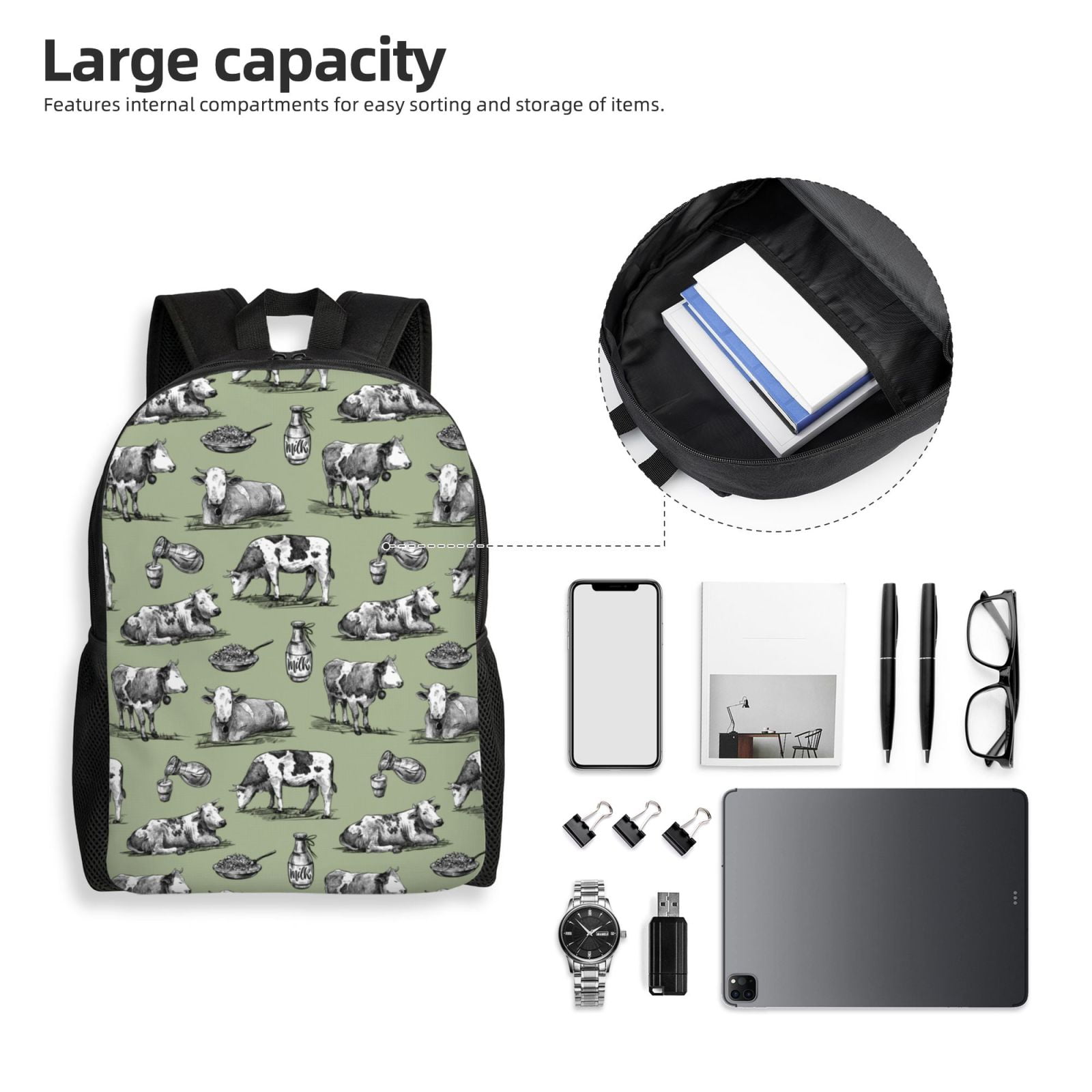 Defioc Farm Cows Print Backpack -Travel,or Work Bookbag Daypacks with 15-Inch Laptop Sleeve and Dual Water Bottle Pockets