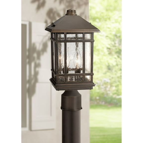 Kathy Ireland Sierra Craftsman Art Deco Outdoor Post Light Rubbed Bronze 14" Seedy Glass Panels for Exterior Barn Deck House Porch Yard Patio Home
