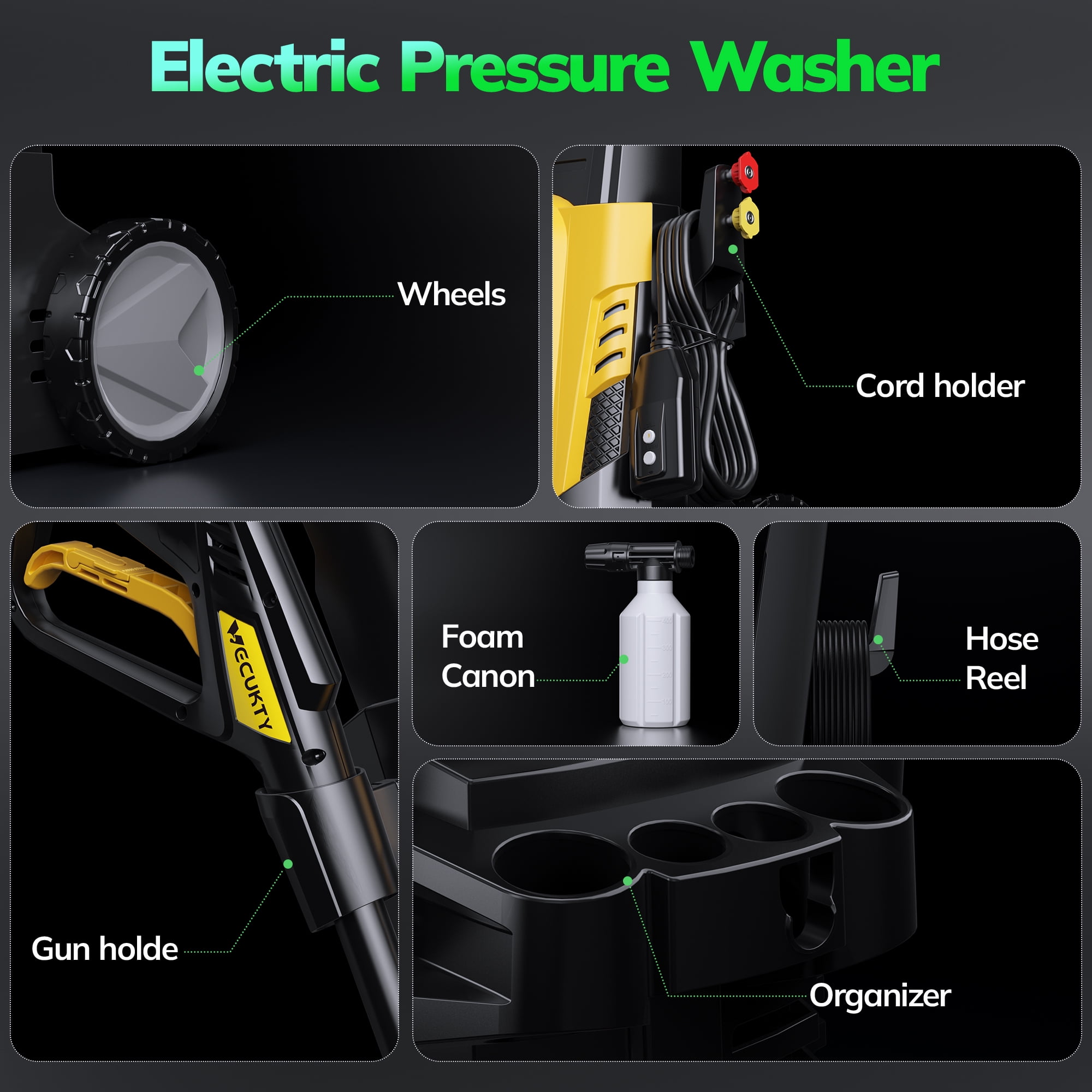 Open Box TCISA Electric Pressure Washer,3700 PSI Max 2.5 GPM Power Washer with 35FT Cord,20FT Hose,4 Quick Nozzles,Foam Cannon for Car Garden Patio