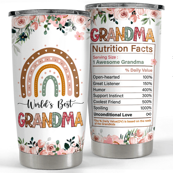 SANDJEST Grandma Tumbler 20oz Nana Cup Grandma Nutrition Facts Stainless Steel Insulated Tumblers Coffee Travel Mug Gifts for Mothers Day Birthday Christmas