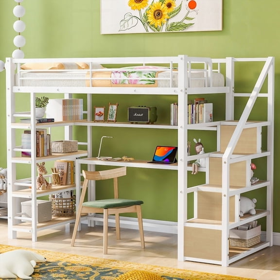 Twin Size Metal Loft Bed with Staircase & 4-Tier Shelf, White, Ample Storage