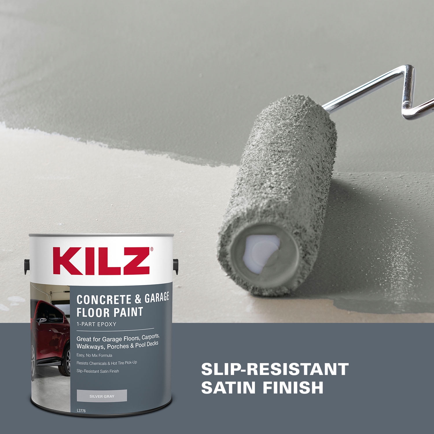 KILZ 1-Part Epoxy Concrete and Garage Floor Paint, Interior/Exterior, Satin, Silver Gray, 1 Gallon