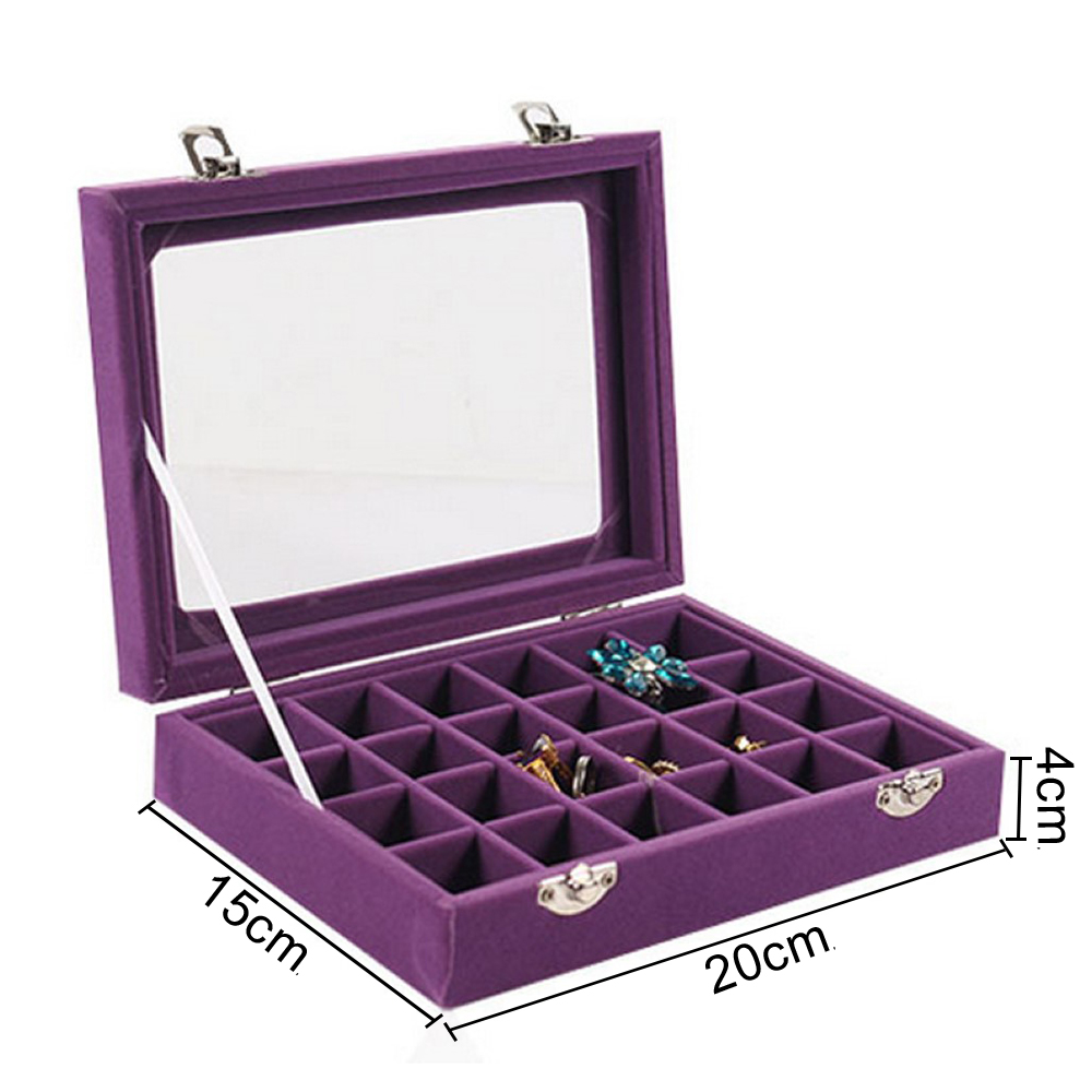 24 Grid Velvet Glass Jewelry Box Ring Earrings Storage Case Jewelry Display  Lockable Storage Organizer for Girl Women 