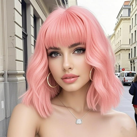 PinesC Pink Wavy Wig With Bangs, Wavy Wig for Women,Synthetic Natural Looking Heat Resistant Fiber Cosplay Halloween Party Wigs for Girl Colorful Costume Wigs(Pink) PINK