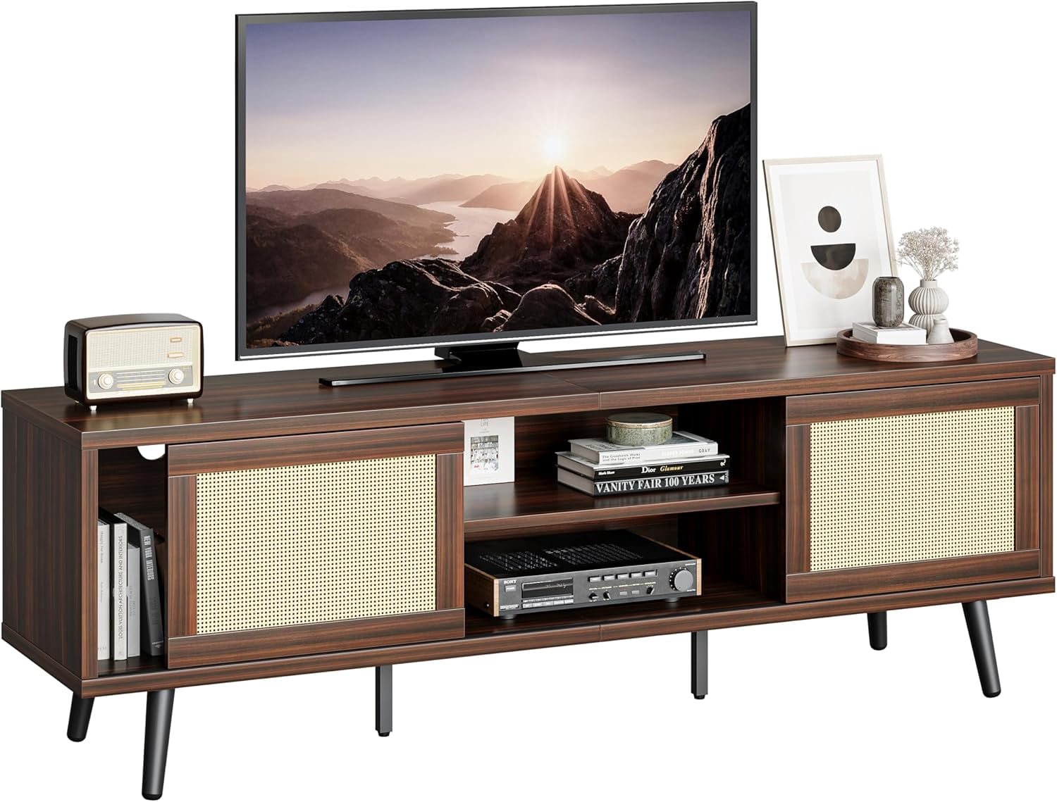 Bestier 63" Boho TV Stand for TVs up to 65 inch, Mid Century Modern TV Stand with Rattan Sliding Doors, Entertainment Center  for Living Room, Walnut