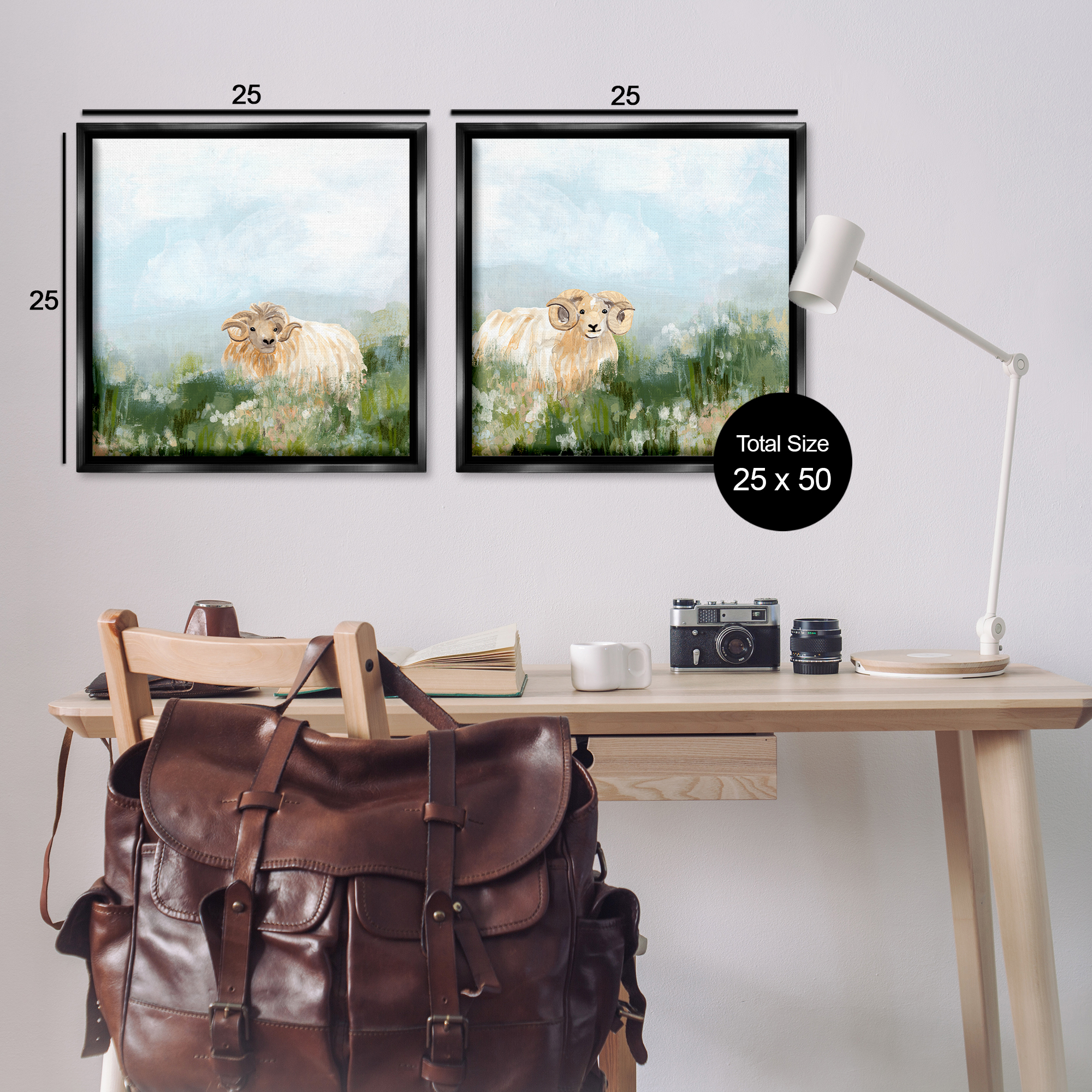 Stupell Industries Curly-Horned Sheep Field Animals Painting Black Floater Framed Canvas Art Print Wall Art, 25 x 25, Set of 2