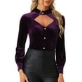 thumbnail image 1 of INSPIRAR CHIC Blusa de terciopelo de manga larga con cuello alto y volantes para mujer M Púrpura Ciruela, 1 of 6