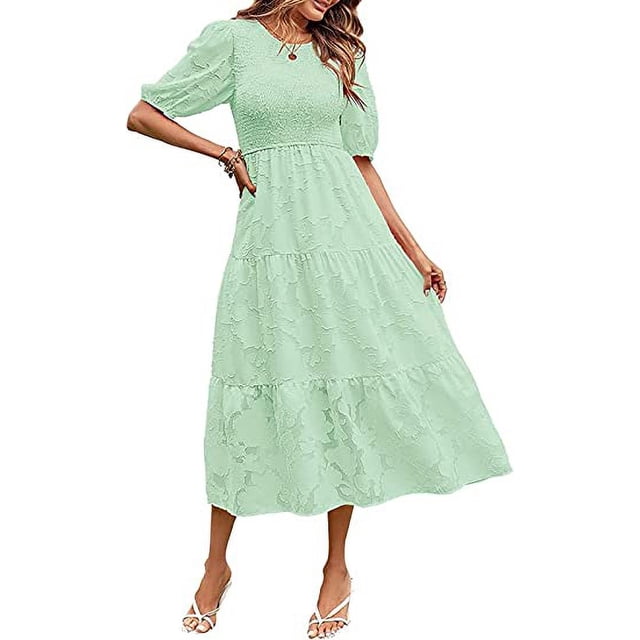 Robe d'Été 2023 pour Femmes à Manches Bouffantes, Smockée, à Fleurs, Col Ras du Cou, en Dentelle, Midi, Robes Décontractées pour Femmes