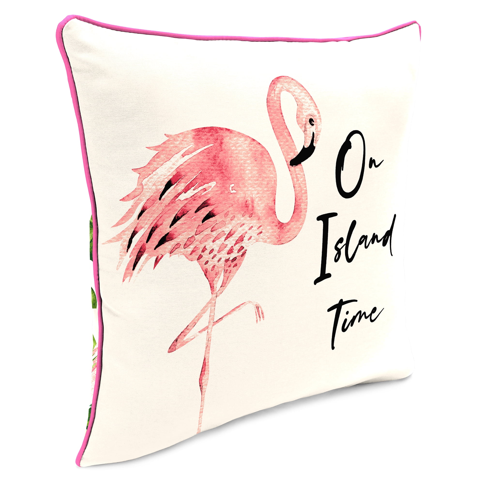 Jordan Manufacturing 16" x 16" On Island Time Flamingo Cream Novelty and Multicolor Leaves Reversible Square Outdoor Throw Pillow