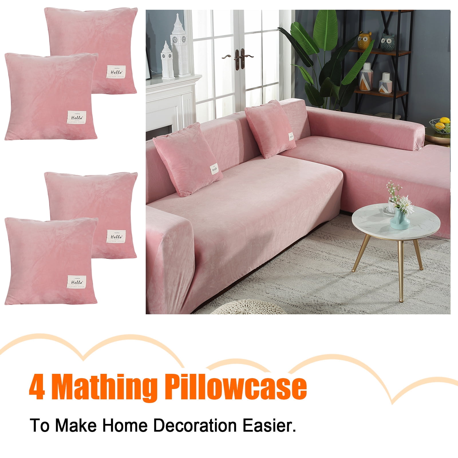 CJC Sectional Couch Covers, Velvet Stretch L Shape Sofa Covers, 2pcs Sofa Slipcovers for 3 + 4 Seaters Sectional Chaise Slipcover for Pets Kids, Pink
