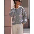 thumbnail image 5 of Women 3D Floral Applique Pearl Button Scalloped Trim Crew Neck Knit Cardigan Gray L, 5 of 9