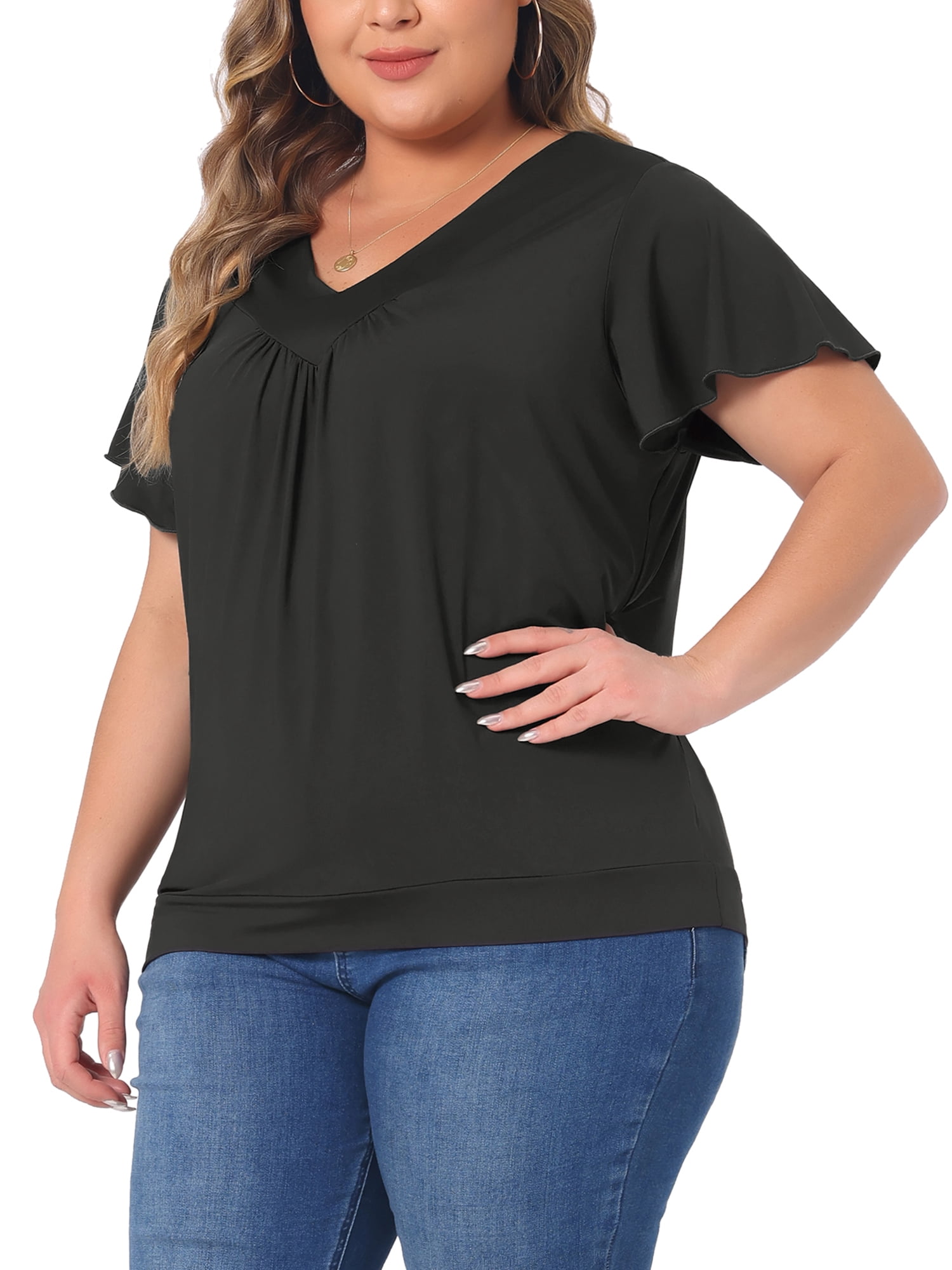 DARING DIVA Women's Plus V Neck Ruffle T Shirt Tee Tops 3X Black