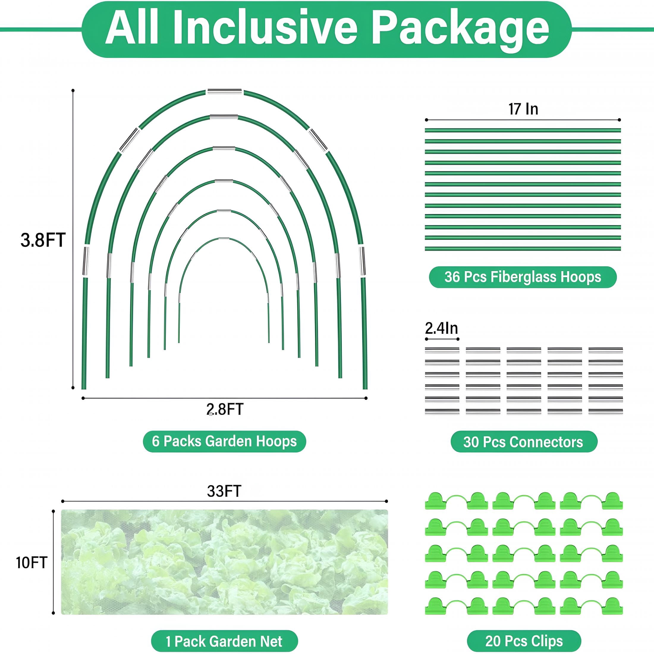 XIBUFE Garden Mesh Netting Kit for Raised Beds,10X33Ft Ultra Fine Mesh Netting&6 Sets 8Ft Fiberglass Garden Hoops,Insect Netting Row Cover,Pest Barrier Protection for Vegetable Fruits Flowers