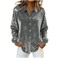 thumbnail image 3 of Oksale Sparkly Sequin Velvet Tops for Women Trendy Button Down Lapel Blouses Cozy Long Sleeve Holiday Shirts for Party Gray S, 3 of 7