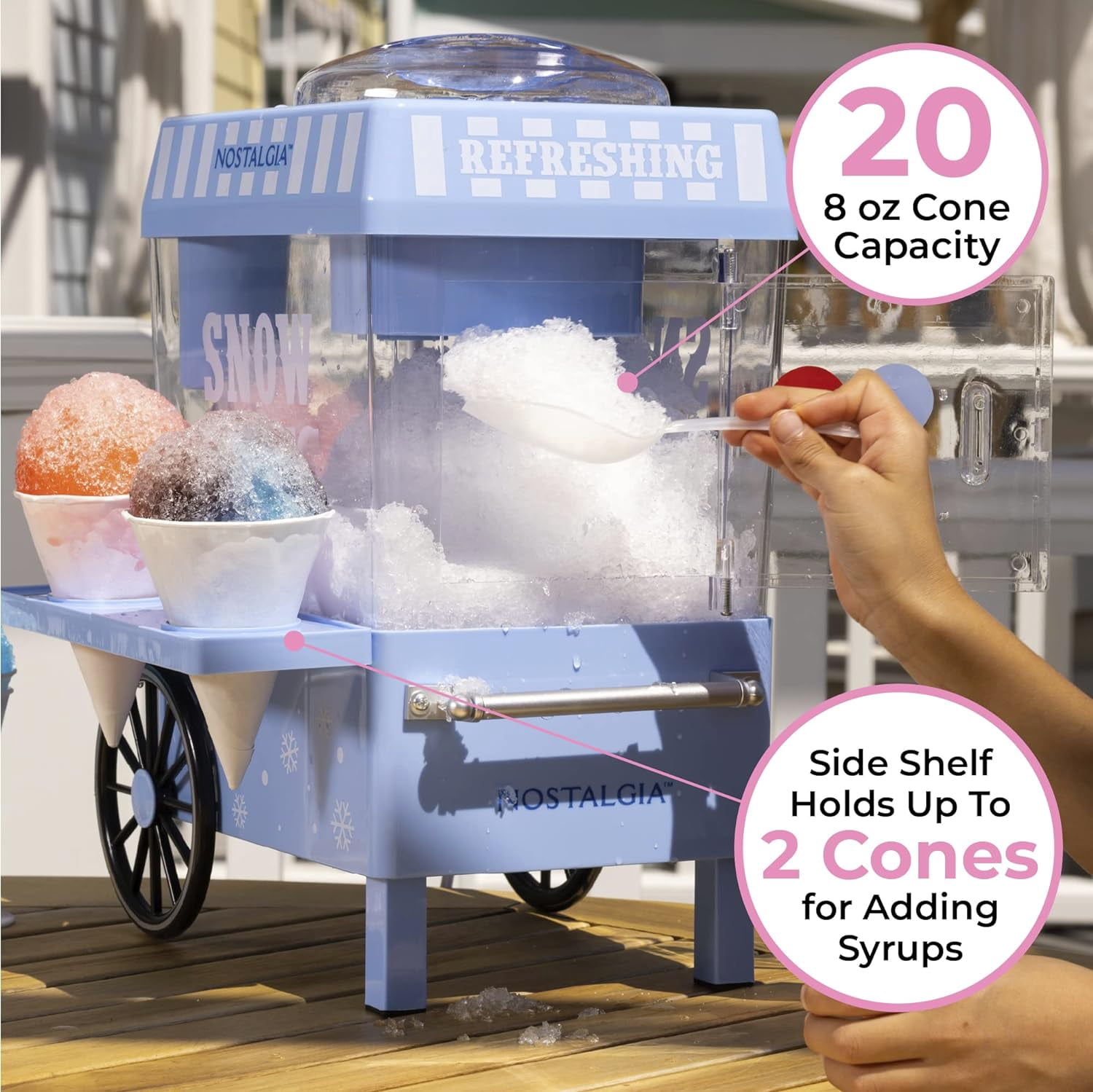 Nostalgia Snow Cone Maker Tabletop Shaved Ice Machine with 2 Reusable Cones & Ice Scoop, Blue