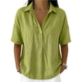 thumbnail image 2 of Linen Polo Shirts for Women Summer Gauze Tops Snap Button Short Sleeve V Neck Blouses Dressy Casual Tunic Clothes Green S, 2 of 2