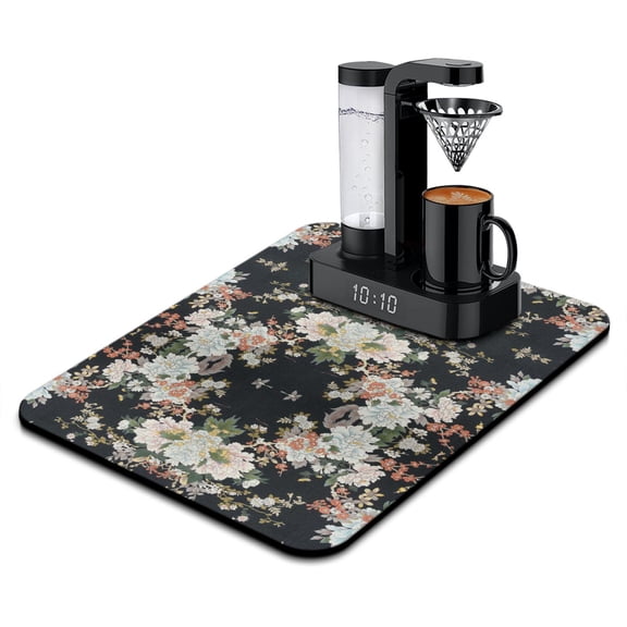 Autumn Leaves & Wildflower Dish Drying Mat, Botanical Absorbent Coffee Bar Mat for Rustic Kitchen Counter, 18x24in